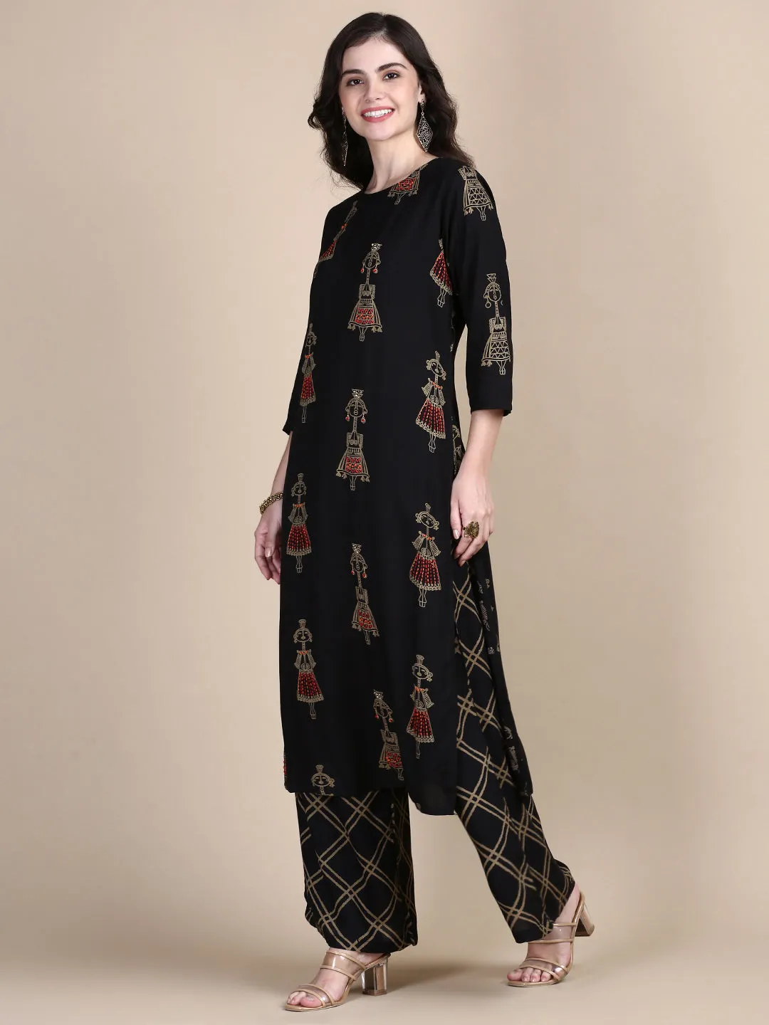 Women Tribal Black Straight Kurta Set