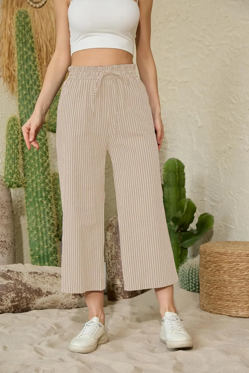 Womens Casual Linen Pants Wide Leg High Elastic Waisted Drawstring Summer Pants with Pockets