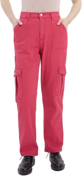 Women's Elastic Waist Straight Leg Relaxed Fit Cargo Jeans Utility Casual Denim Cargo Outdoor Pants