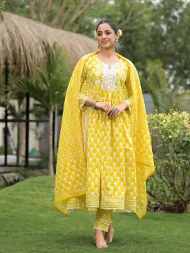 Yellow Floral Print Cotton Kurta Pants With Dupatta Set For Women
