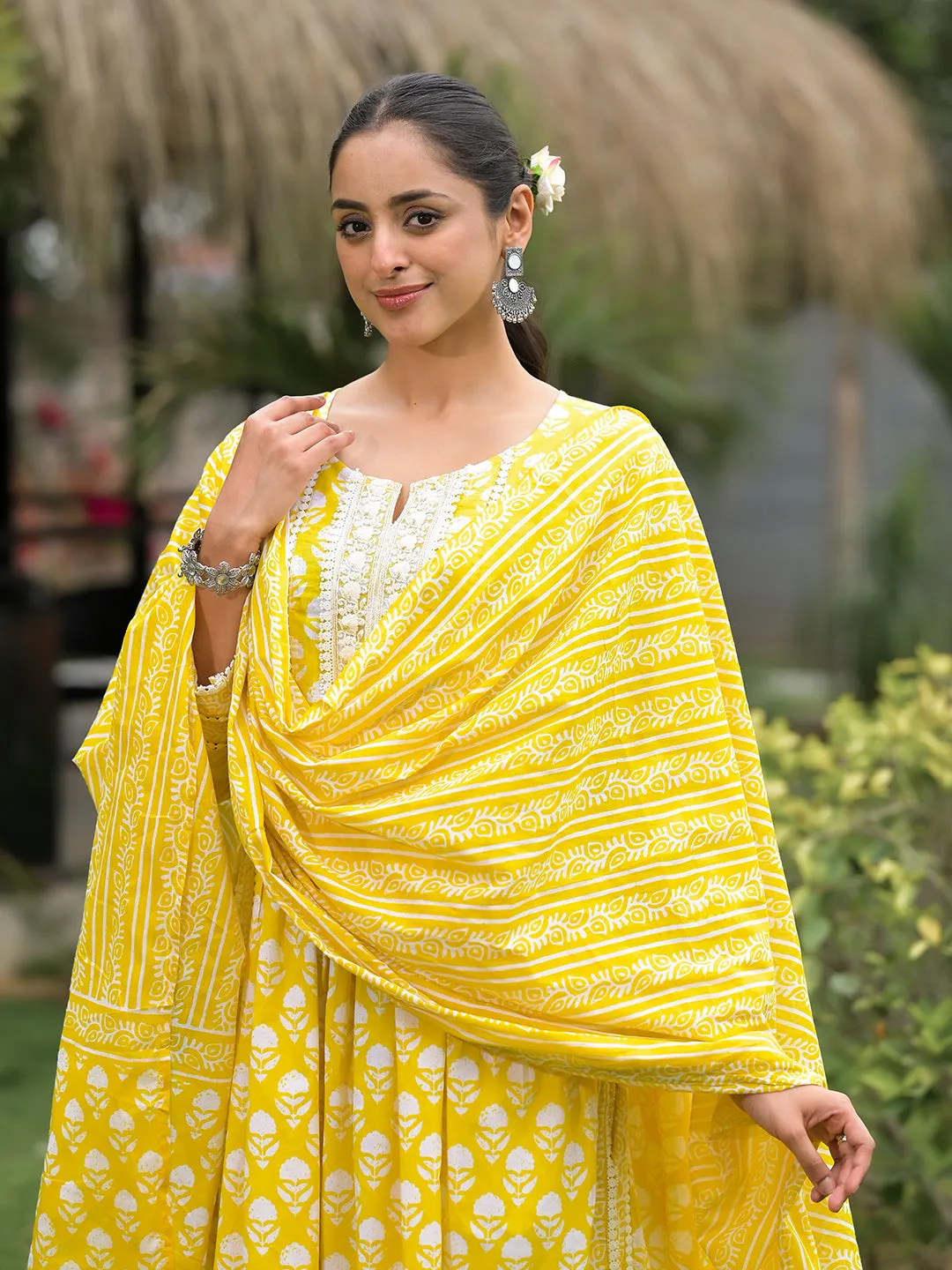 Yellow Floral Print Cotton Kurta Pants With Dupatta Set For Women